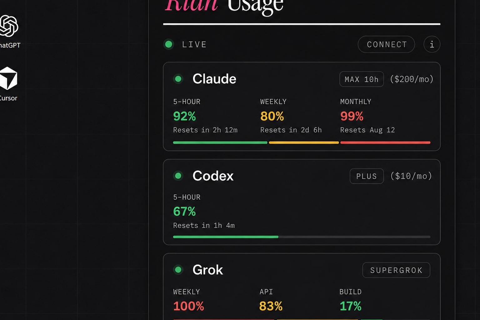 Riah Usage - the tray pop-up showing every AI plan's meters