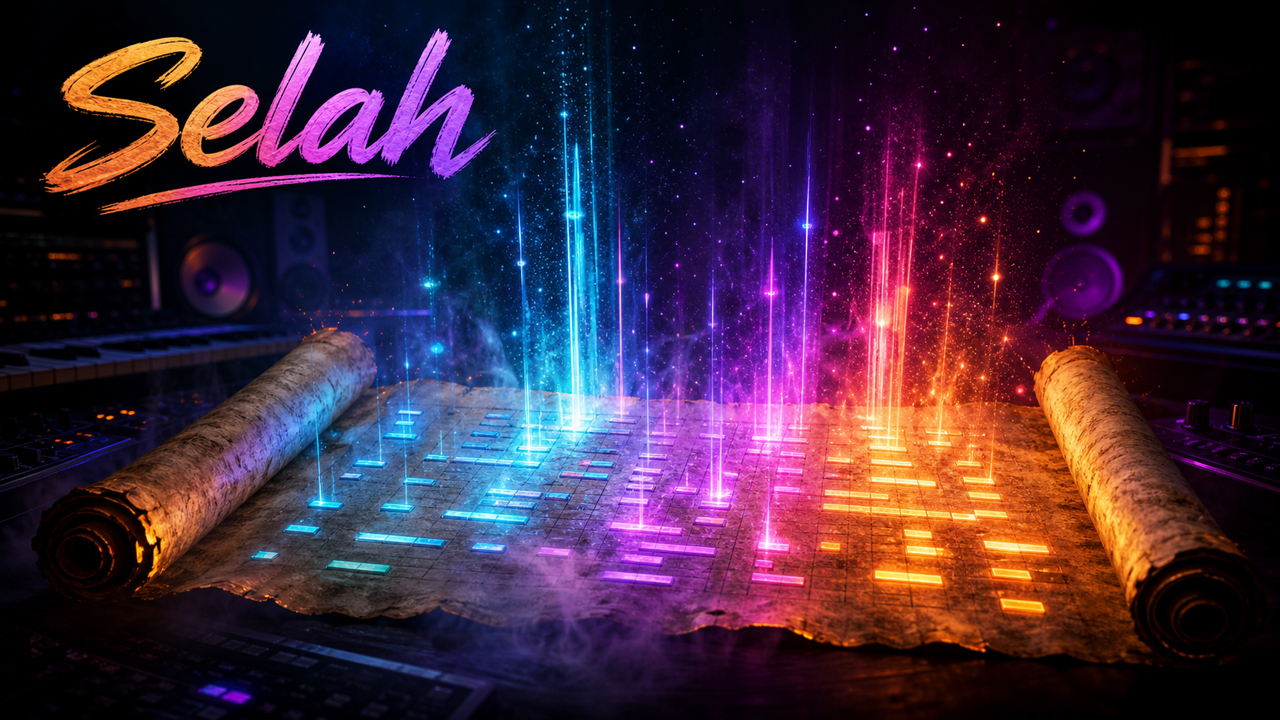 A scroll unrolled across a studio desk, with rows of glowing piano-roll note blocks burned into the parchment and beams of light rising out of them.